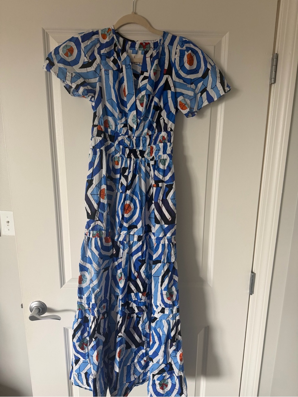 Anthropologie Blue and White Abstract Maxi Dress with Orange Accents